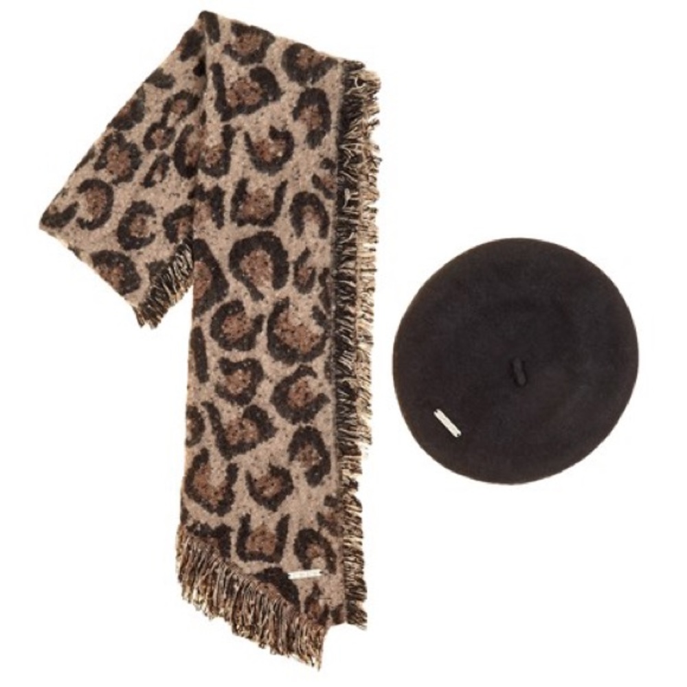 NWOT Bebe Leopard Fringe Scarf & Black Felt Beret